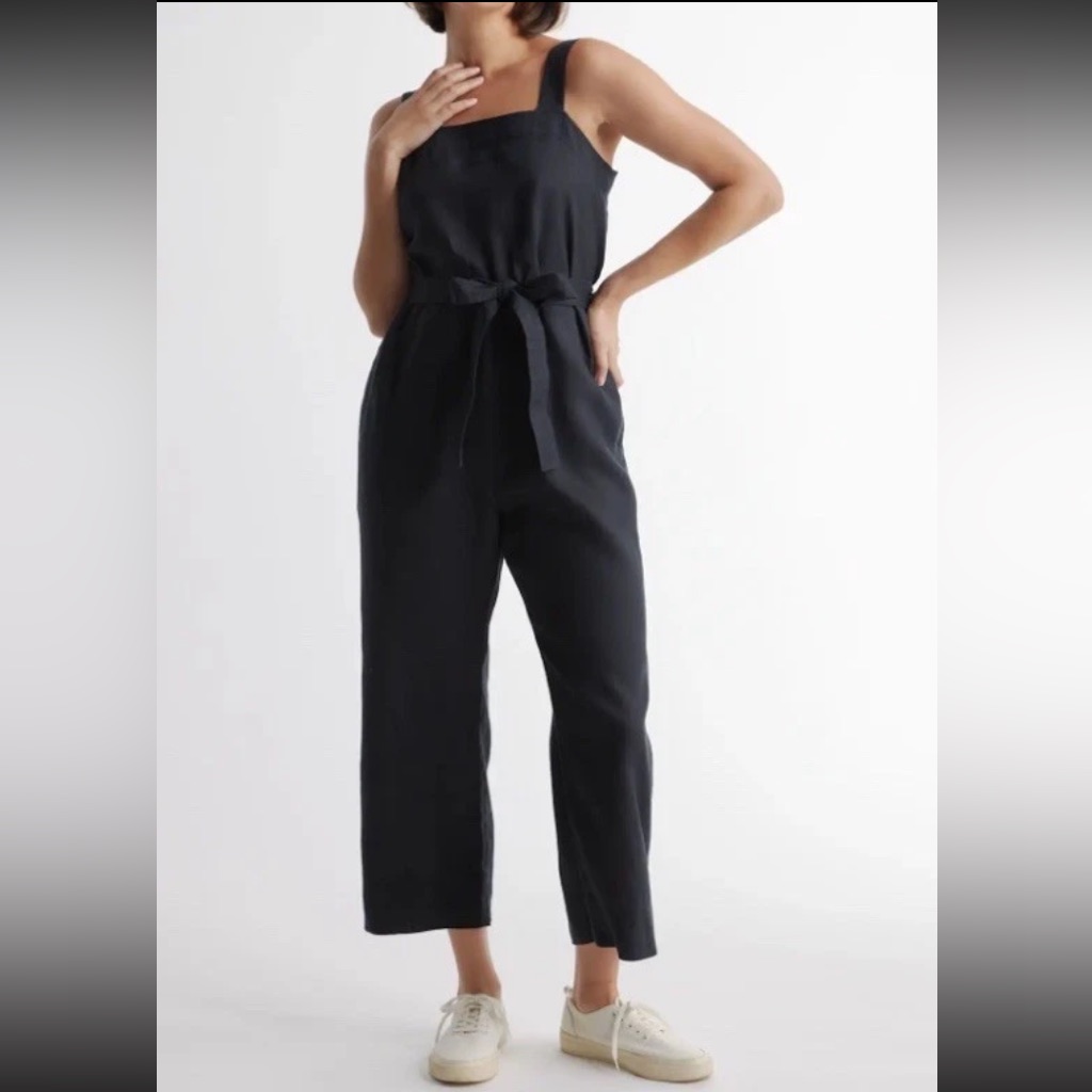 Quince Women's 100% European Linen Square Neck Jumpsuit Black Size M No Belt
